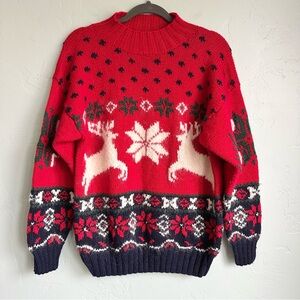 Vintage Michelle‎ Stuart Hand Knit Christmas Reindeer Sweater Mohair Wool Medium
